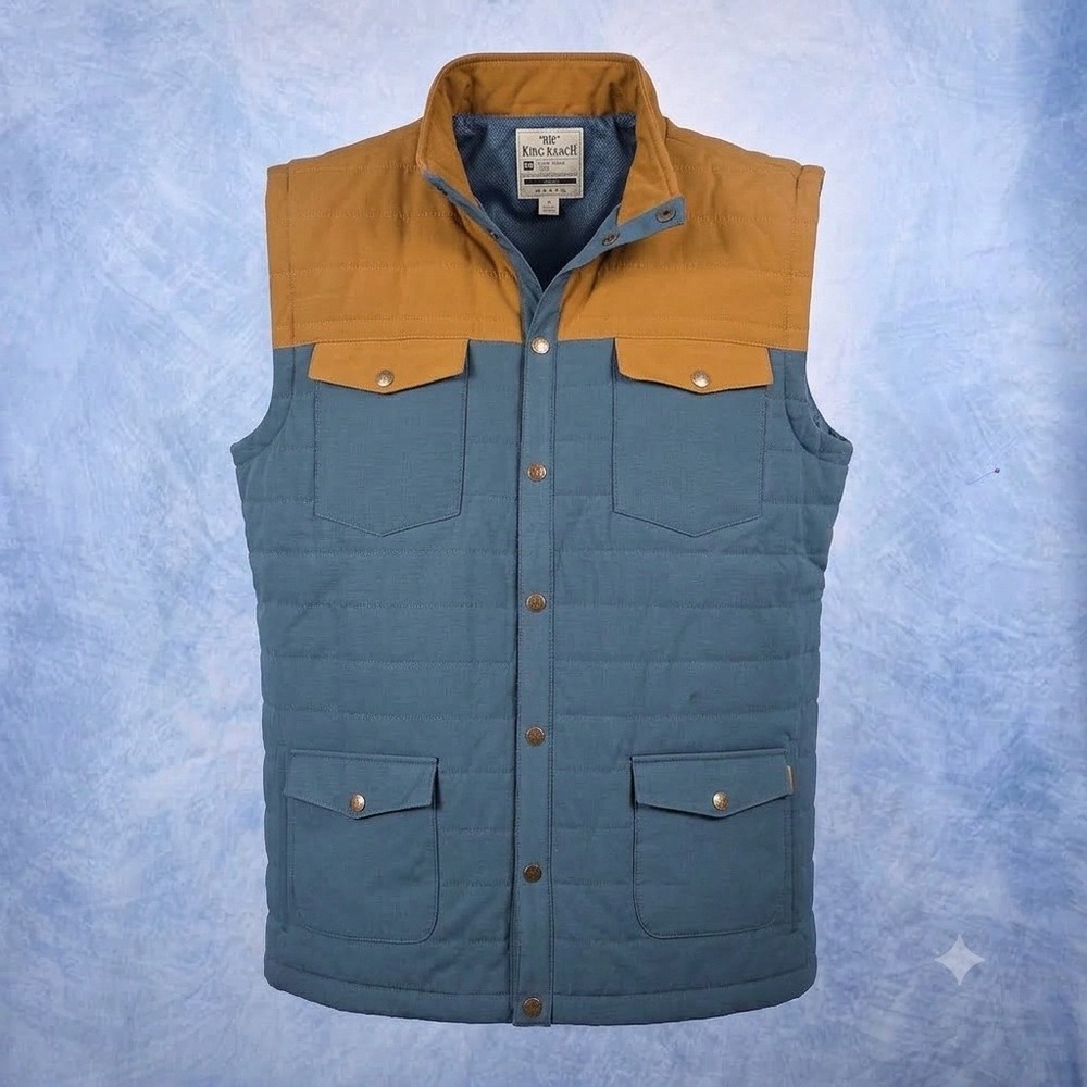King Ranch Trail Boss Vest Mens 2XL Blue Brown Quilted Snap Front Pockets Vest